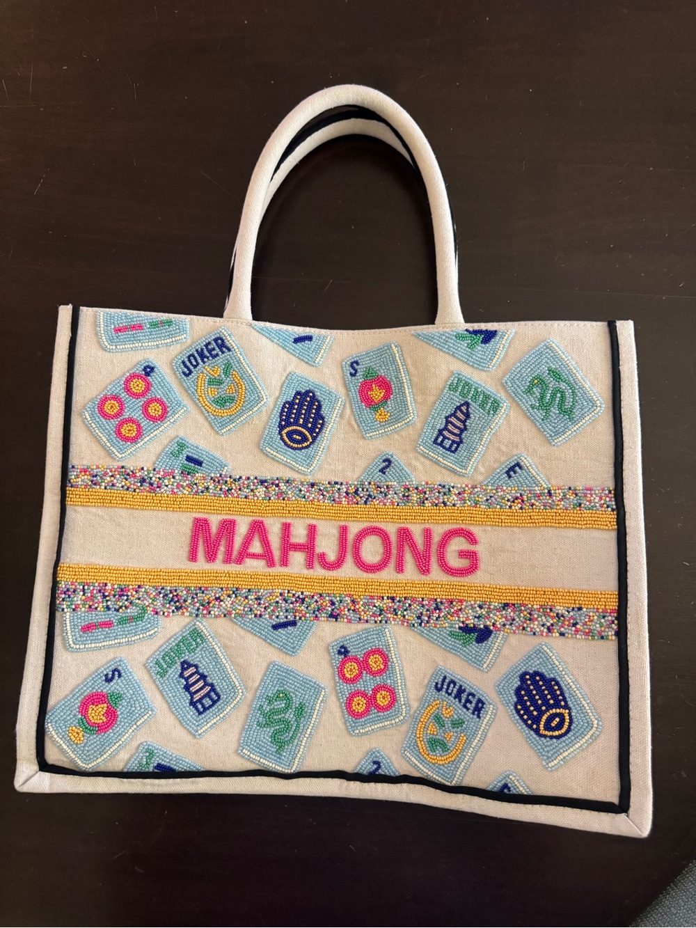 Beaded Mahjong Tote Bag in Beige and Pink